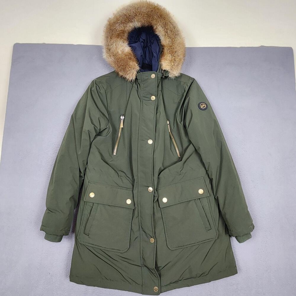Michael Michael Kors Coat Womens Large Green Down Puffer Faux Fur Hood Parka